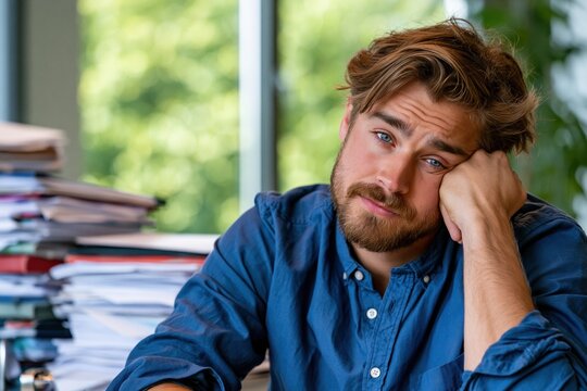 Bored Tired Businessman at Office Desk Stack of Papers