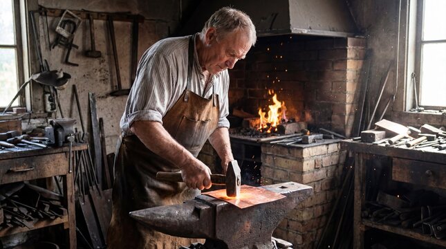 Man forging metal in traditional blacksmith workshop with craftsmanship focus