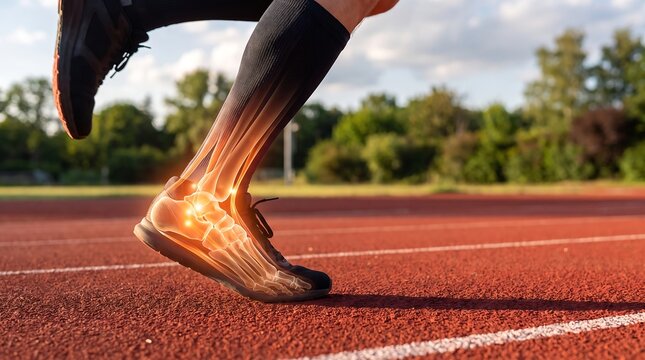 Anatomical runner ankle bone visualization, glowing joint pain on running track, sports injury and orthopedic health concept