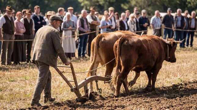 Man demonstrating traditional ox ploughing technique at agricultural event with audience