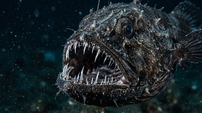 Eerie Deep-Sea Predator with Jagged Teeth in Dark Ocean.