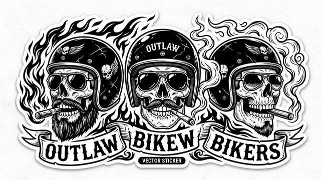Three skull characters wearing motorcycle helmets and sunglasses for outlaw biker sticker design