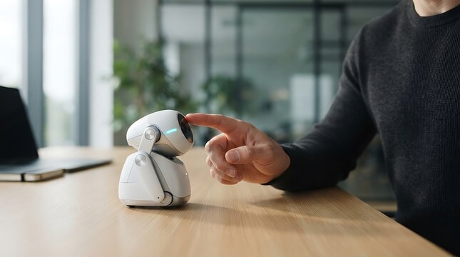User interacting with a small white intelligent home assistant robot