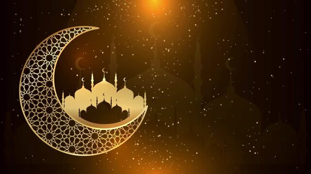 A serene video showcasing a mosque under a crescent moon at sunset