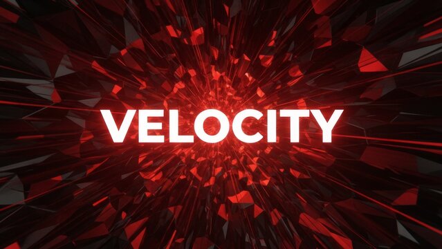 3D rendered word VELOCITY with bold white typography on red geometric starburst background