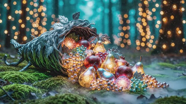 Magical Cornucopia Overflowing with Glowing Fruits and Twinkling Lights