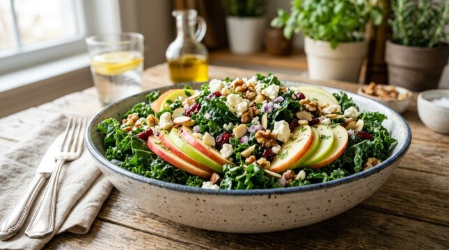 Fresh salad bowl with apples, nuts, and greens on wooden table.