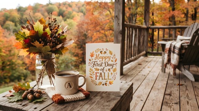 Cozy autumn scene on a wooden porch with a coffee mug, fall foliage bouquet, and a happy first day of fall card overlooking a colorful forest