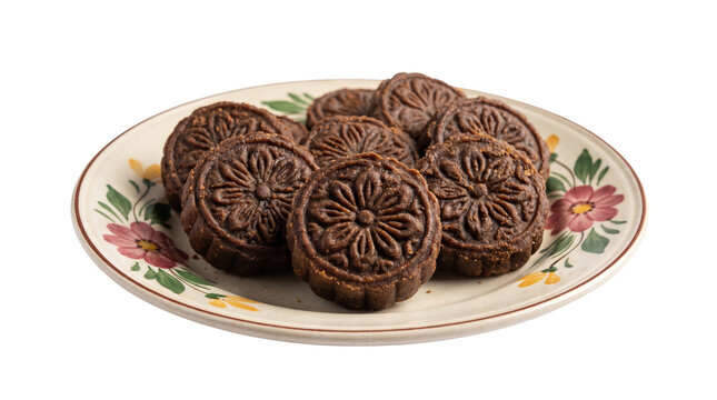 Authentic Brown Nolen Gur Sandesh with embossed floral patterns, on the plate isolated on crisp