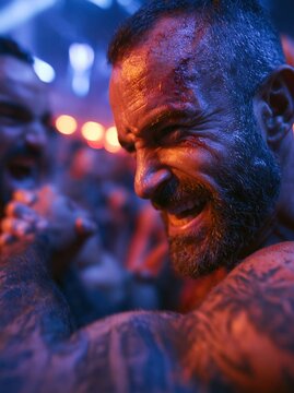 Injured Fighter Celebrating His Victory in Underground Club