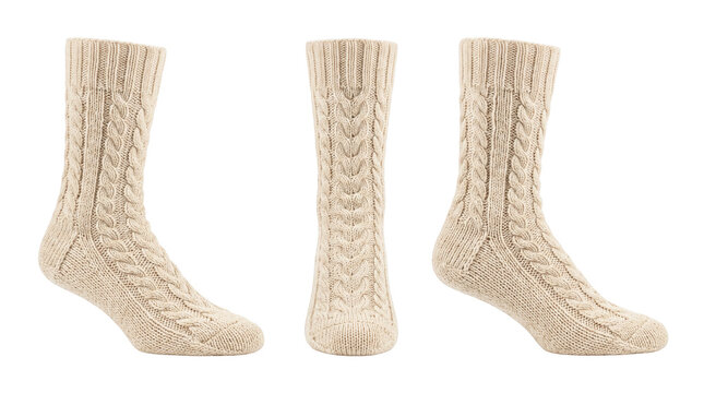 Hand-knit wool socks set of 3 views, mockup isolated on transparent background