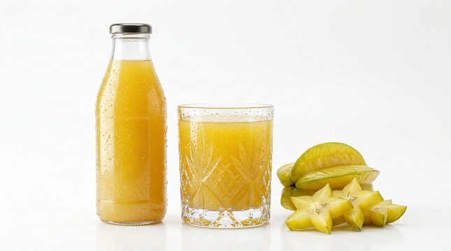 Fruit juice bottle glass and slices on white background healthy drink