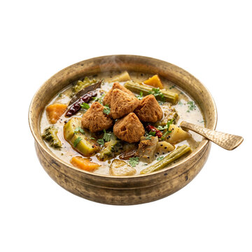 Bengali Shukto (bitter mixed vegetable stew) with Bori in a traditional brass bowl, pure