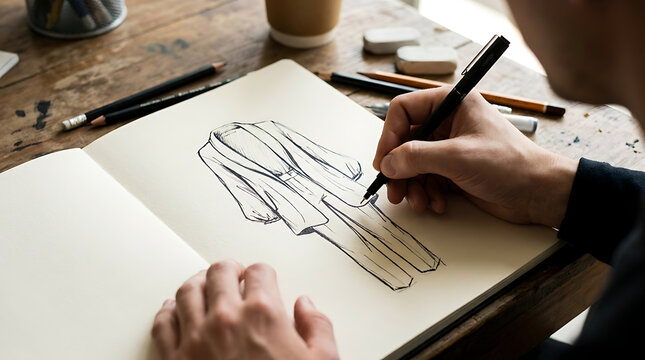Professional fashion designer sketching apparel concept on paper with pen in creative studio