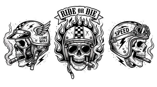 Three vintage biker skull illustrations wearing motorcycle helmets isolated on transparent