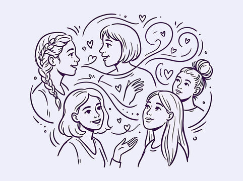 Line art illustration of diverse young women friends supporting and sharing love together