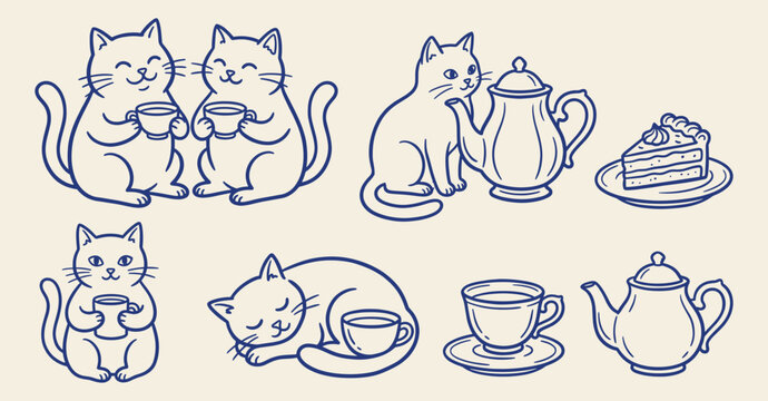 Hand drawn blue line vector set of cute cats having tea party with teapots, teacups, and cake doodles