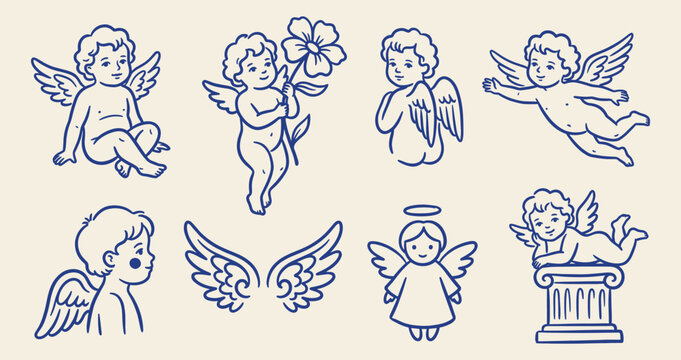 Hand drawn blue line vector set of cherubs, angels, wings, flower, halo, and classical column doodles