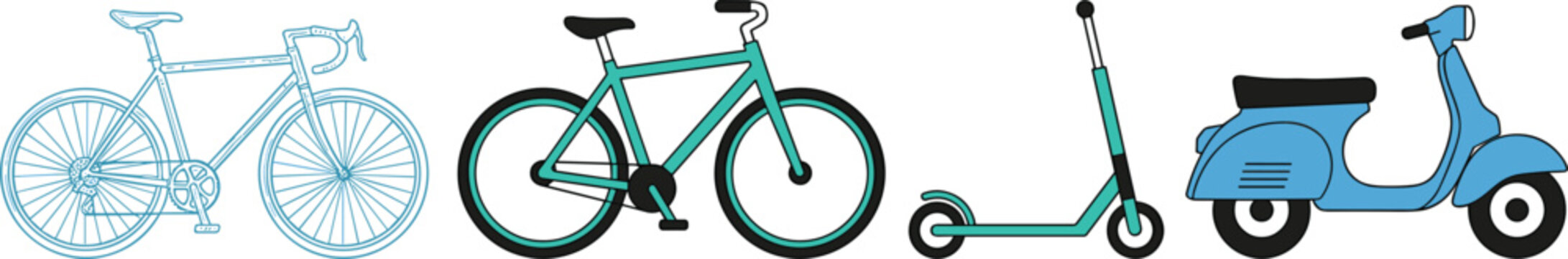 Flat Micro Mobility Urban Vehicle Vector Illustration Set Featuring Road Bike Hybrid Bicycle Electric Scooter and Blue Retro Motor Moped for Commuter Designs