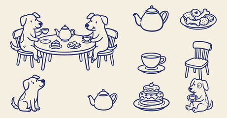 Fototapeta premium Hand drawn blue line vector set of cute dogs having tea party with teapot, cake, and bones doodles