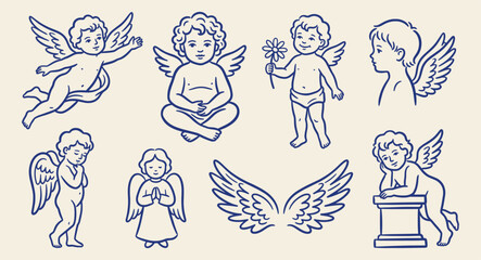 Fototapeta premium Hand drawn blue line vector set of cherubs, cute angels, wings, and cupid figures in various poses doodles