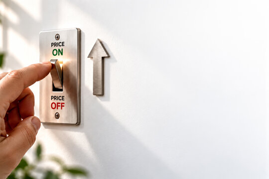 Hand switching a metal price control between increase and decrease, symbolizing pricing strategy, inflation, discounts and market changes.
