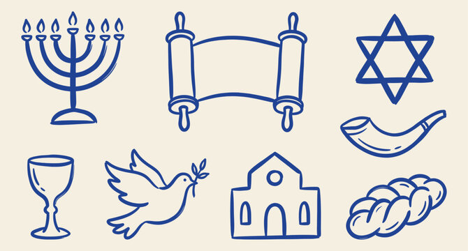 Hand drawn blue line vector set of Jewish symbols, menorah, Torah scroll, Star of David, shofar, Kiddush cup, and challah doodles