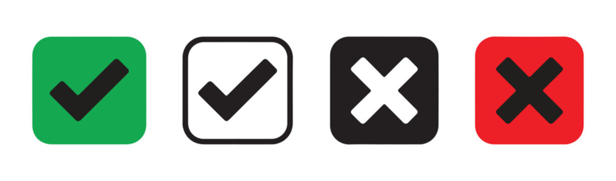 Green tick and red cross in squares for confirming or denying choices and decisions.