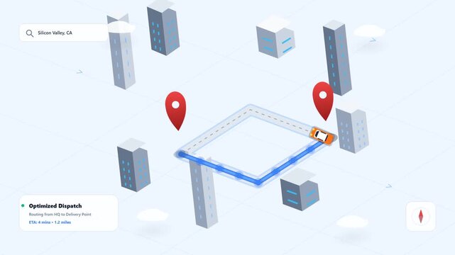 Logistics delivery tracking car navigation map app isometric city Silicon Valley route optimization dispatch software motion footage