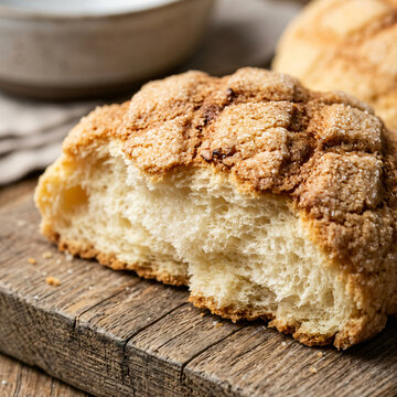 A delicious freshly baked Mexican sweet bread concha on a rustic wooden board.