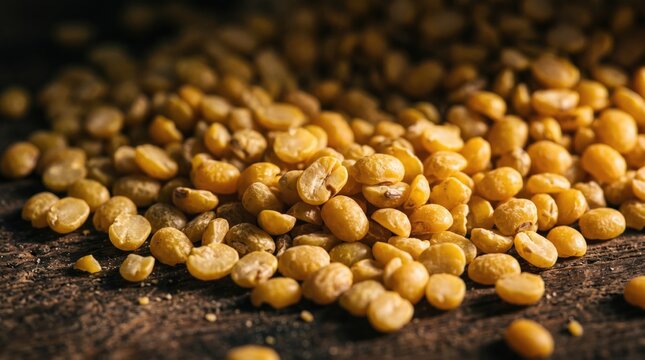 Heap of uncooked yellow split peas scattered on a dark wooden surface with uncooked legume