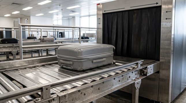 Single grey suitcase moving along an airport baggage carousel security conveyor belt