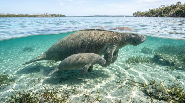 Manatee cow and calf swimming together in clear shallow spring water with sea cow