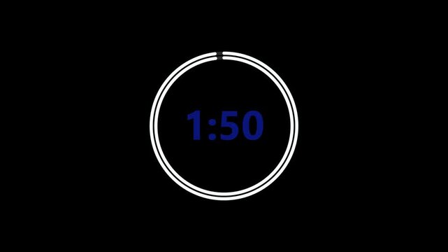2 minute countdown timer with blue digital numbers and circular progress ring, 120 second countdown animation from 02:00 to 00:00 on black background, 4K video