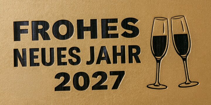Frohes neues Jahr 2027 , Silvester Party Gru&szlig;karte mit deutschem Text  &ndash; Goldener Hintergrund mit schwarzer Schrift