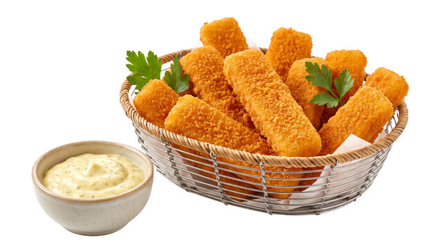 Golden Fish Finger basket served with tartary mustard dip, pure.
