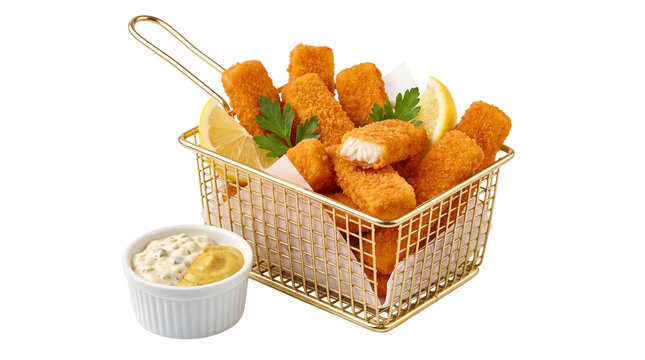 Golden Fish Finger basket served with tartary mustard dip, pure.