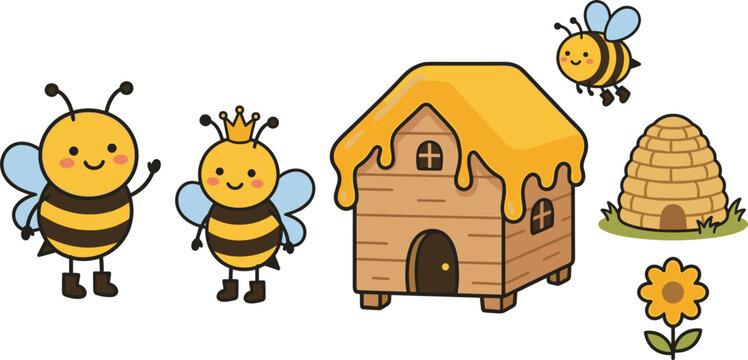 Hand Drawn Cute Cartoon Queen Bee Vector Illustration Set Featuring Wooden Beehive House Skep and Flower for Children Character Graphic Designs