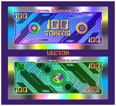 Vector holographic abstract geometric mirrored banknote. QR code mean 100 tokens. Central technogenic bank. Obverse and reverse. Denomination one hundred. Bright hologram. Tech style. Gears and Earth