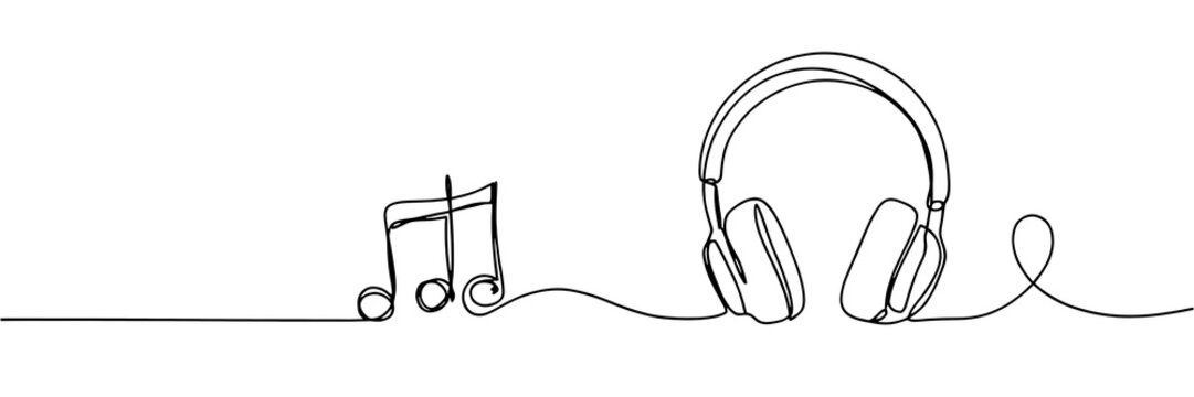 Minimalist continuous line of a musical note and stereo headphones, black ink on a white background, music and audio concept