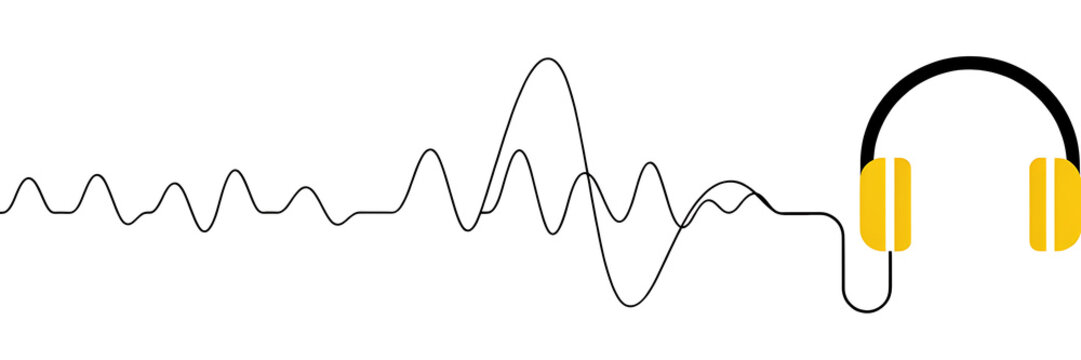 Minimalist of yellow stereo headphones connected to a black sound wave line, audio and music concept on a white background