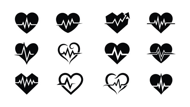 Collection of heart icons featuring heartbeat line graphs transparent background