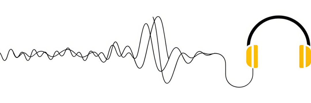 Yellow stereo headphones connected to a black sound wave line, minimalist on a white background, audio and music concept