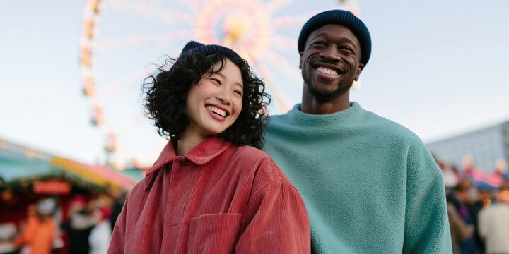 Smiling multicultural couple in front of ferris wheel for romantic lifestyle banner and colorful outdoor background design