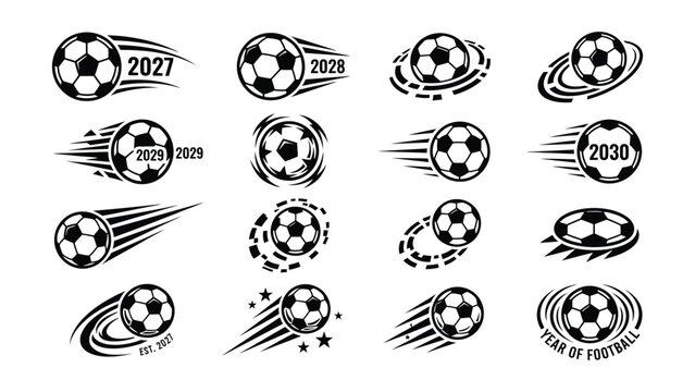 Dynamic soccer ball year logos with motion effects transparent background