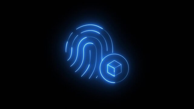 Glowing neon blue blockchain and fingerprint icon animation loop on black background, biometric authentication concept