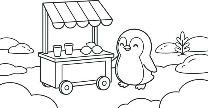 A penguin stands beside a lemonade cart with glasses and lemons on transparent background antarctic