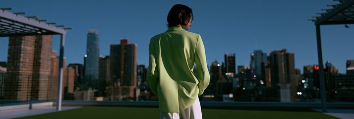 Obraz premium Rear view of a person wearing a chartreuse jacket on a rooftop terrace with a city skyline at twilight for urban fashion wallpaper and banner