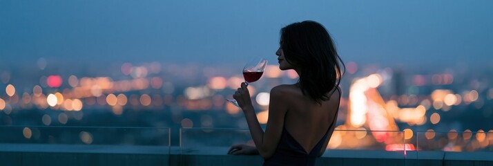 Obraz premium Woman with wine glass on a rooftop terrace at dusk background for elegant evening banner and luxury nightlife design with city bokeh lights