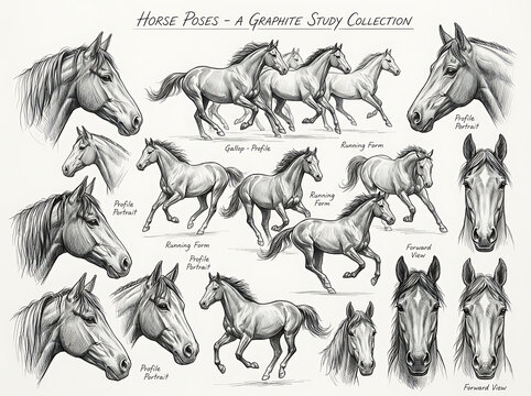 Horse poses and head sketches graphite study collection vector illustration